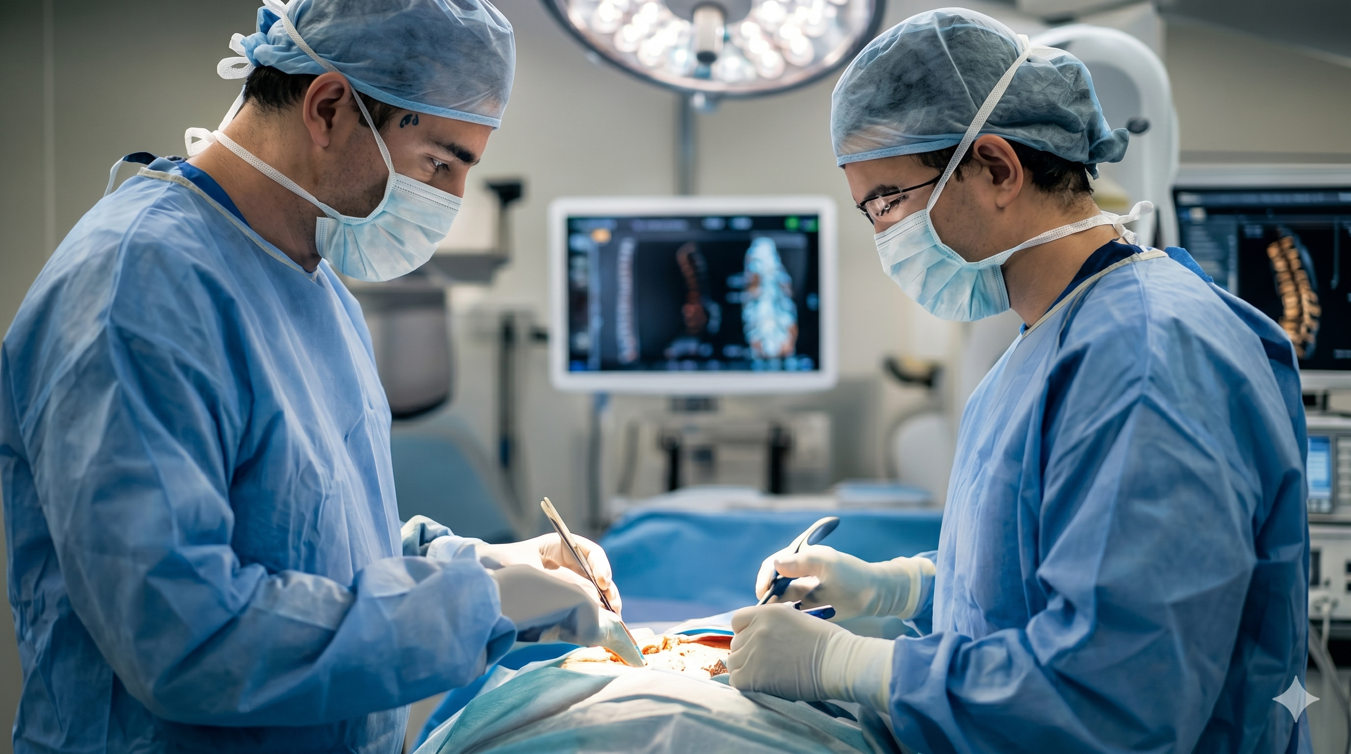 Two surgeons performing spine surgery
